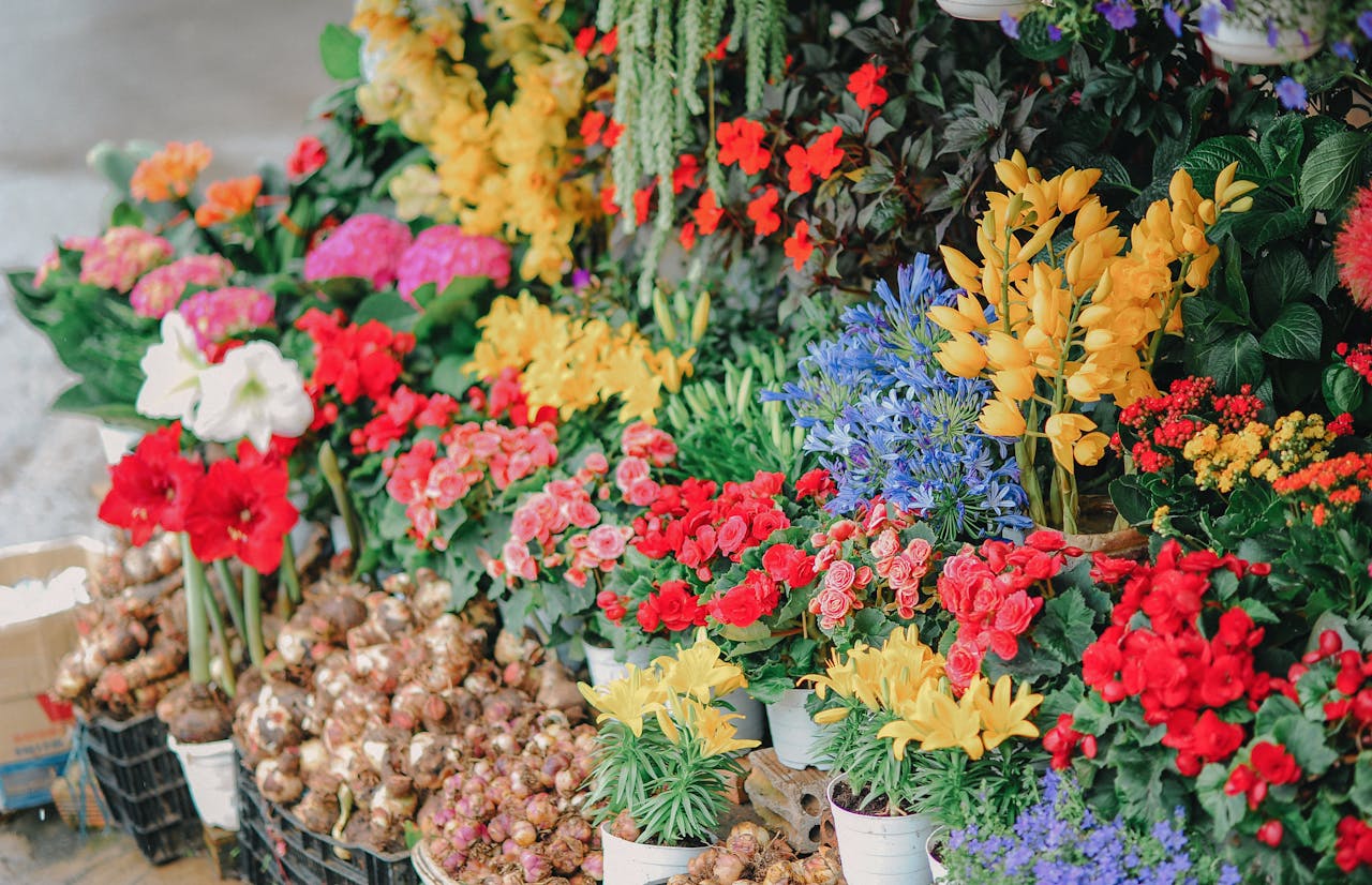A diverse collection of bright, colorful flowers in an outdoor market setting.